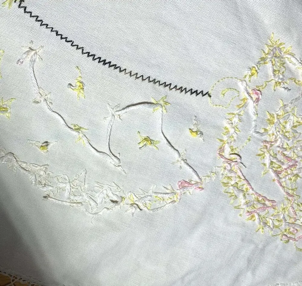 Embroidered Crochet Round  small table cloth vintage handmade beige yellow pink